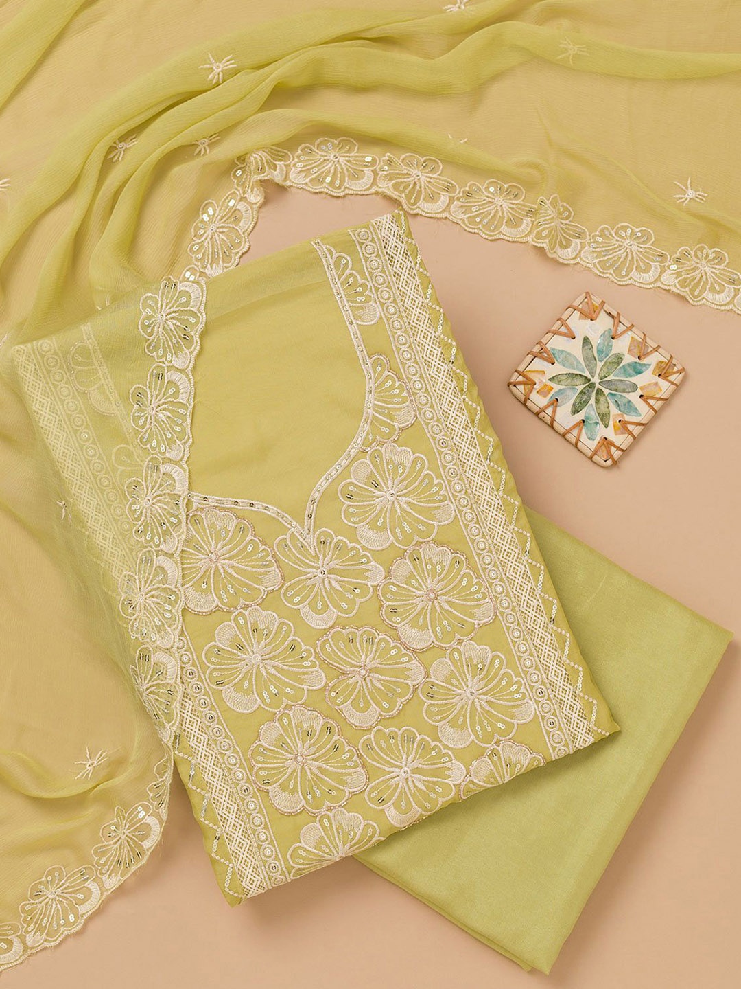 

Koskii Floral Embroidered Sequinned Unstitched Dress Material, Green