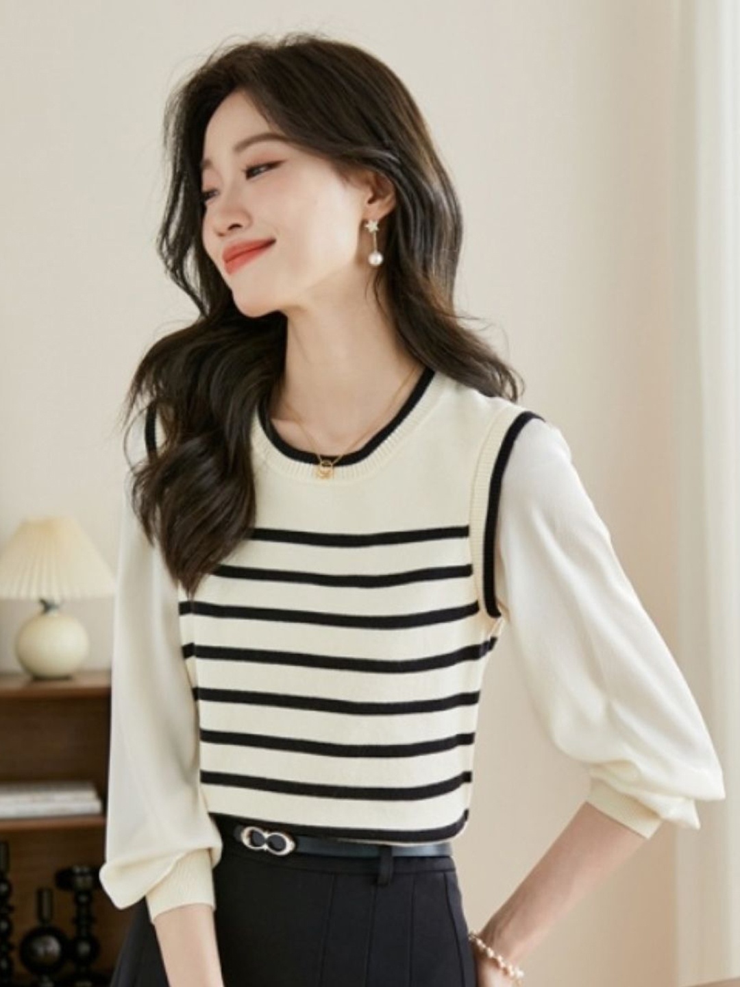 

KPOP Women Striped Sweater Vest, Cream