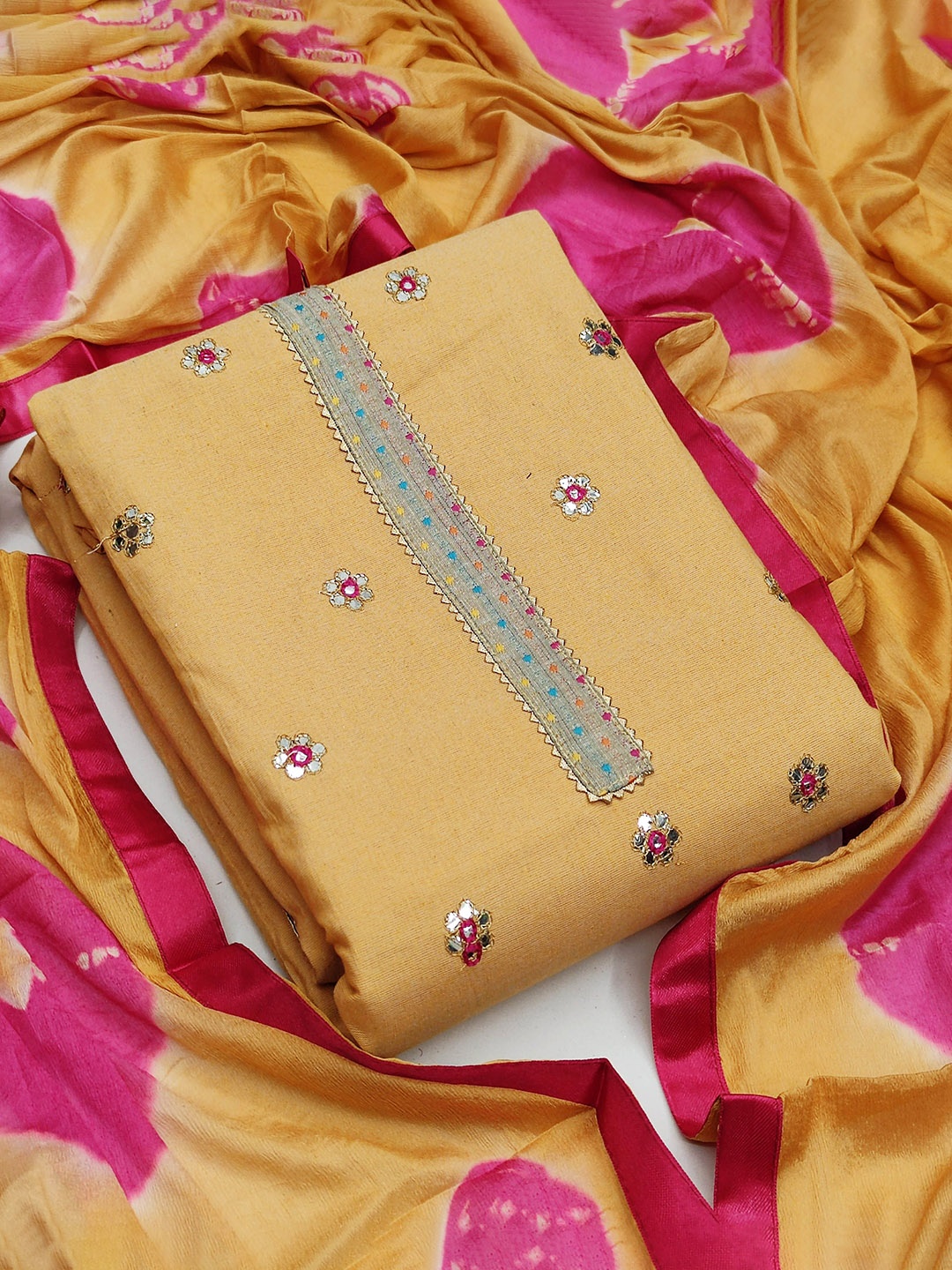 

Maroosh Floral Embroidered Thread Work Unstitched Dress Material, Yellow