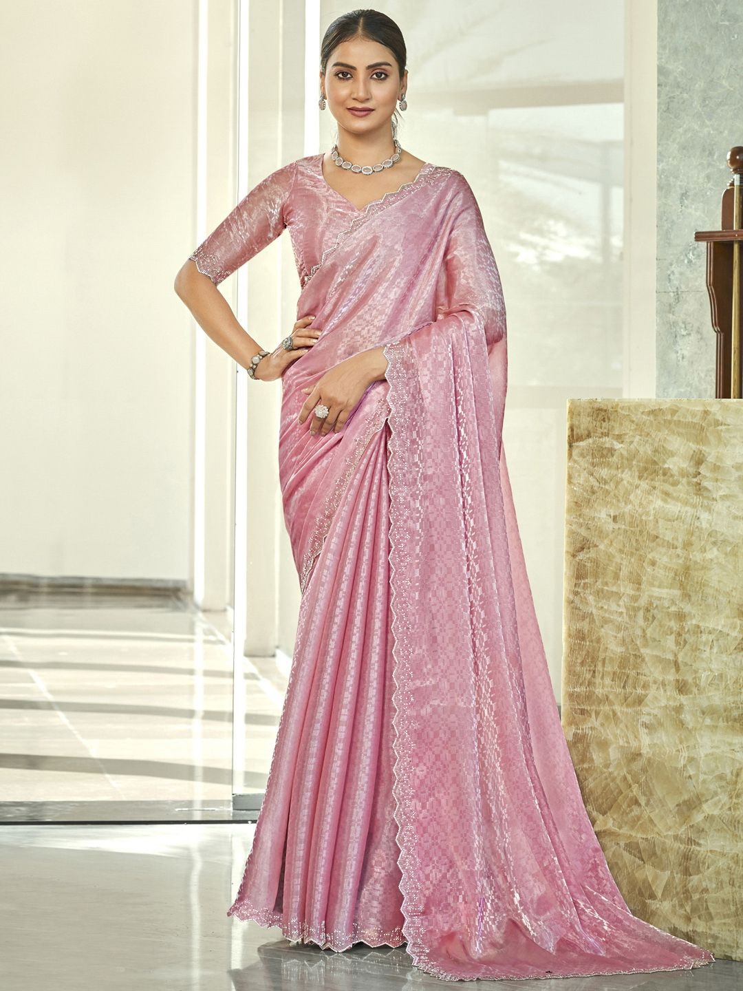 

Stylee LIFESTYLE Embellished Beads and Stones Saree, Pink