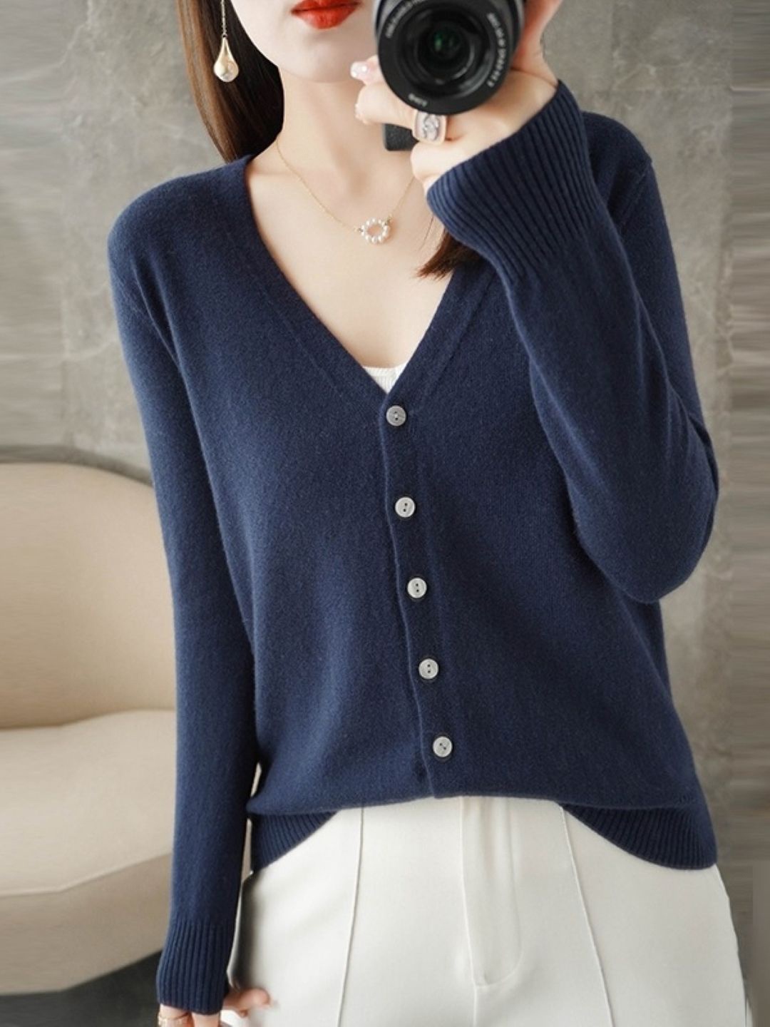 

KPOP Women V-Neck Long Sleeves Casual Cardigan, Blue