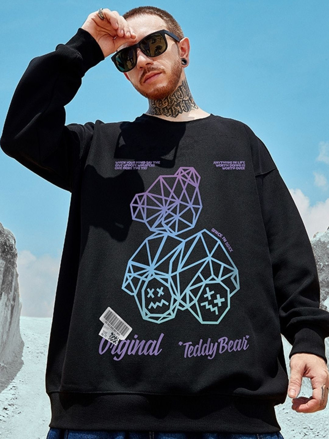 

KPOP Men Cotton Graphic Printed Round Neck Sweatshirt, Black
