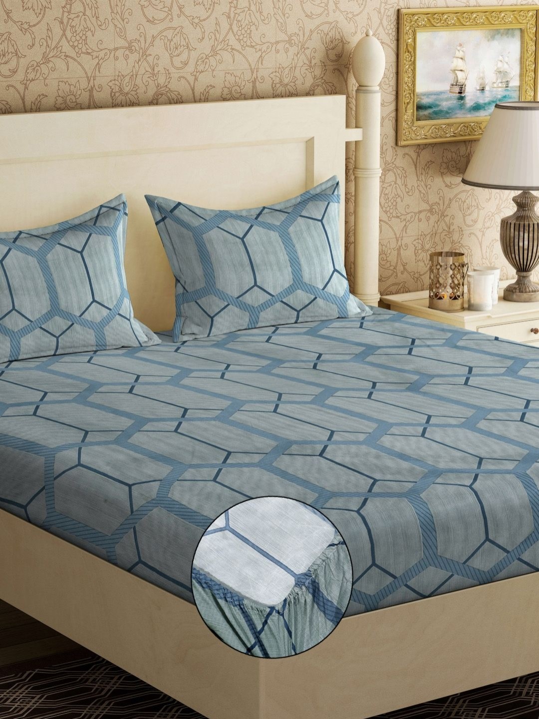 

Aura Grey & Blue Geometric Printed Fitted 300TC King Bedsheet With 2 Pillow Cover