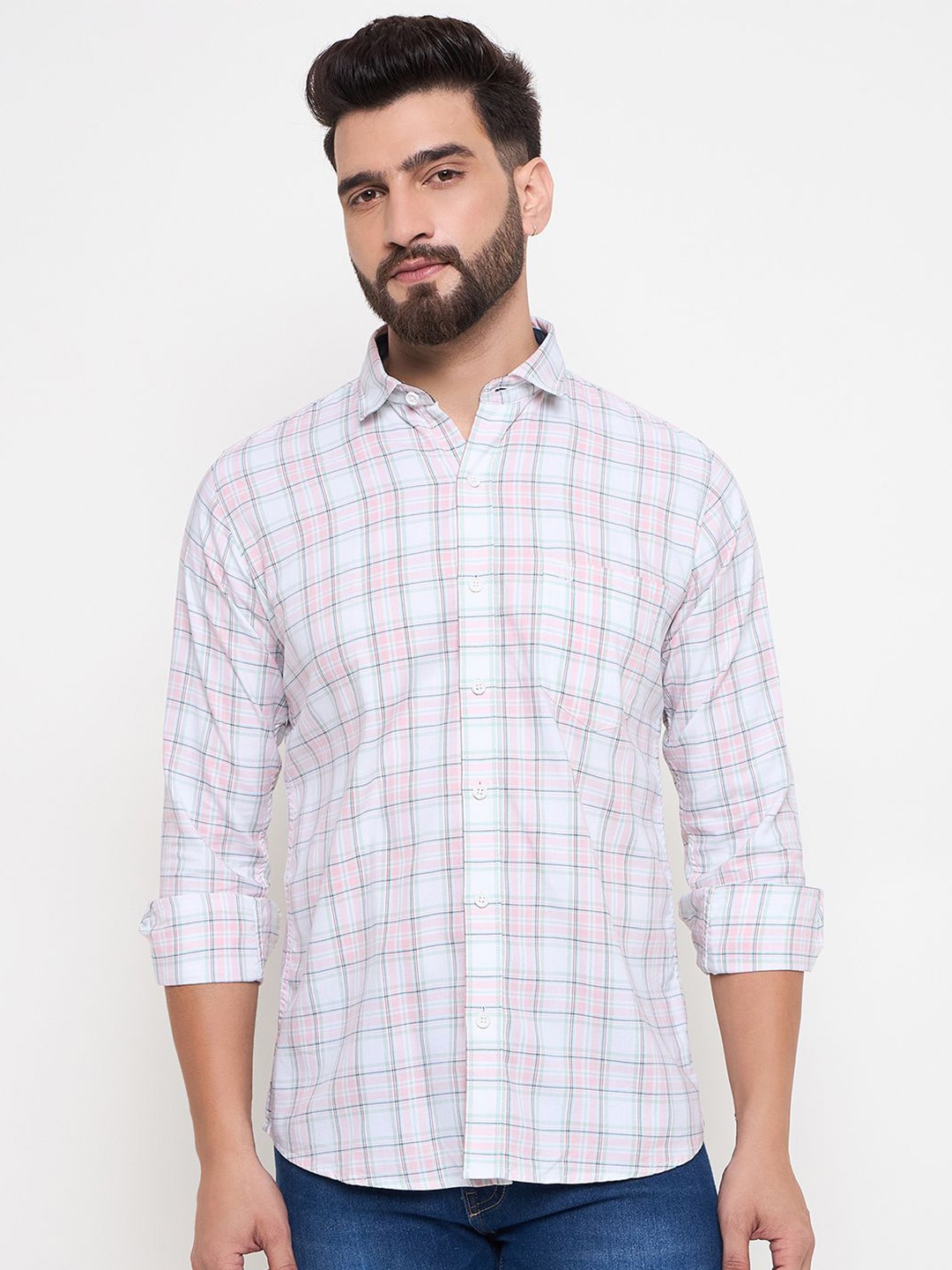 

Duke Men Slim Fit Opaque Checked Casual Shirt, Pink