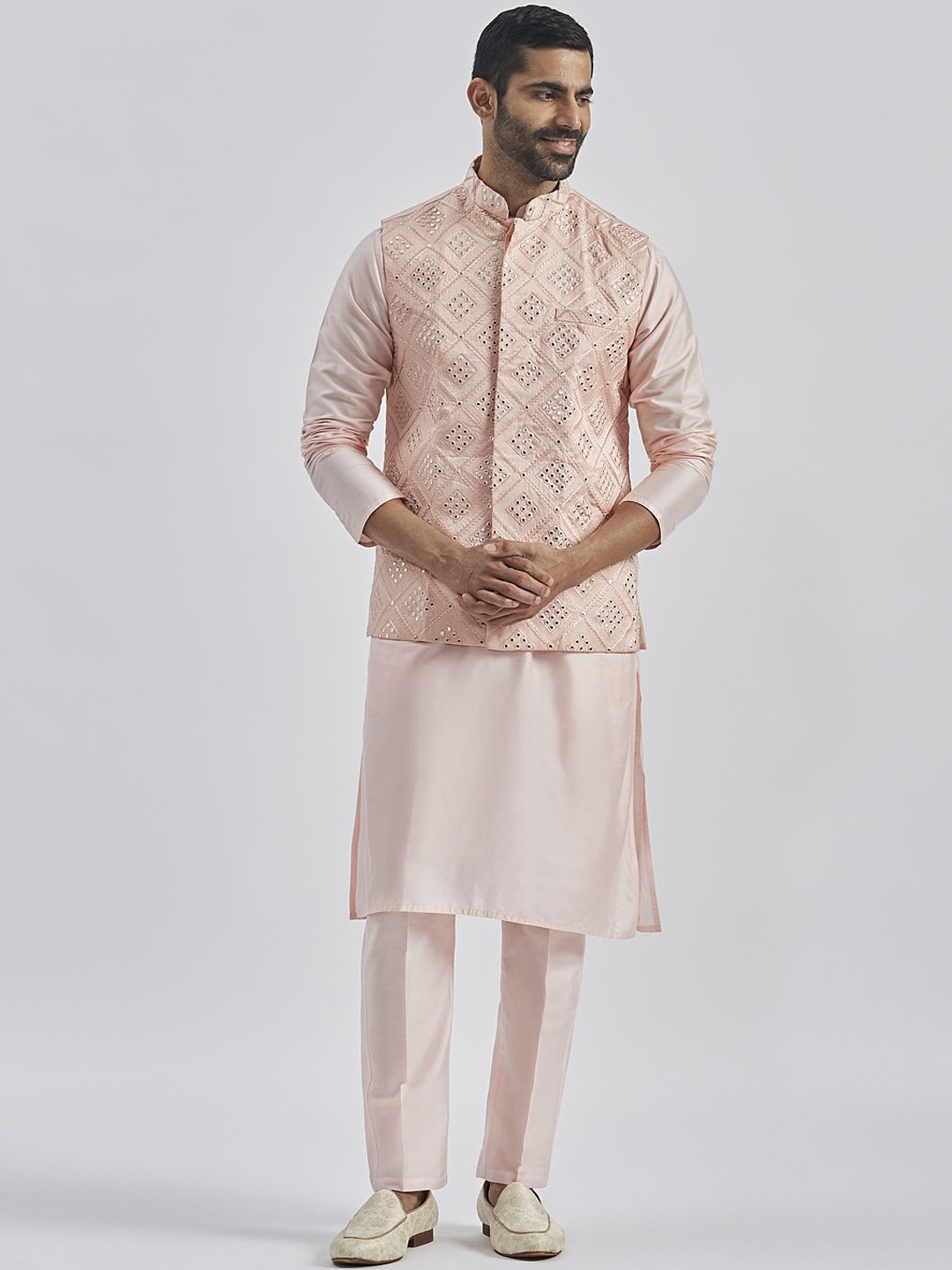 

VASTRAMAY Mandarin Collar Pastels Straight Kurta with Trousers & Embroidered Nehru Jacket, Pink