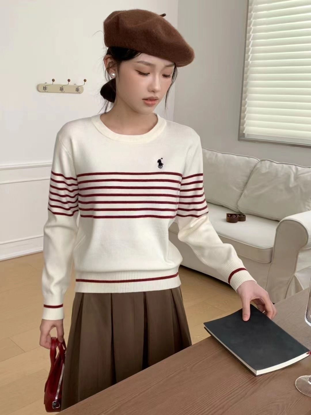 

KPOP Women Striped Cotton Pullover Sweater, Beige