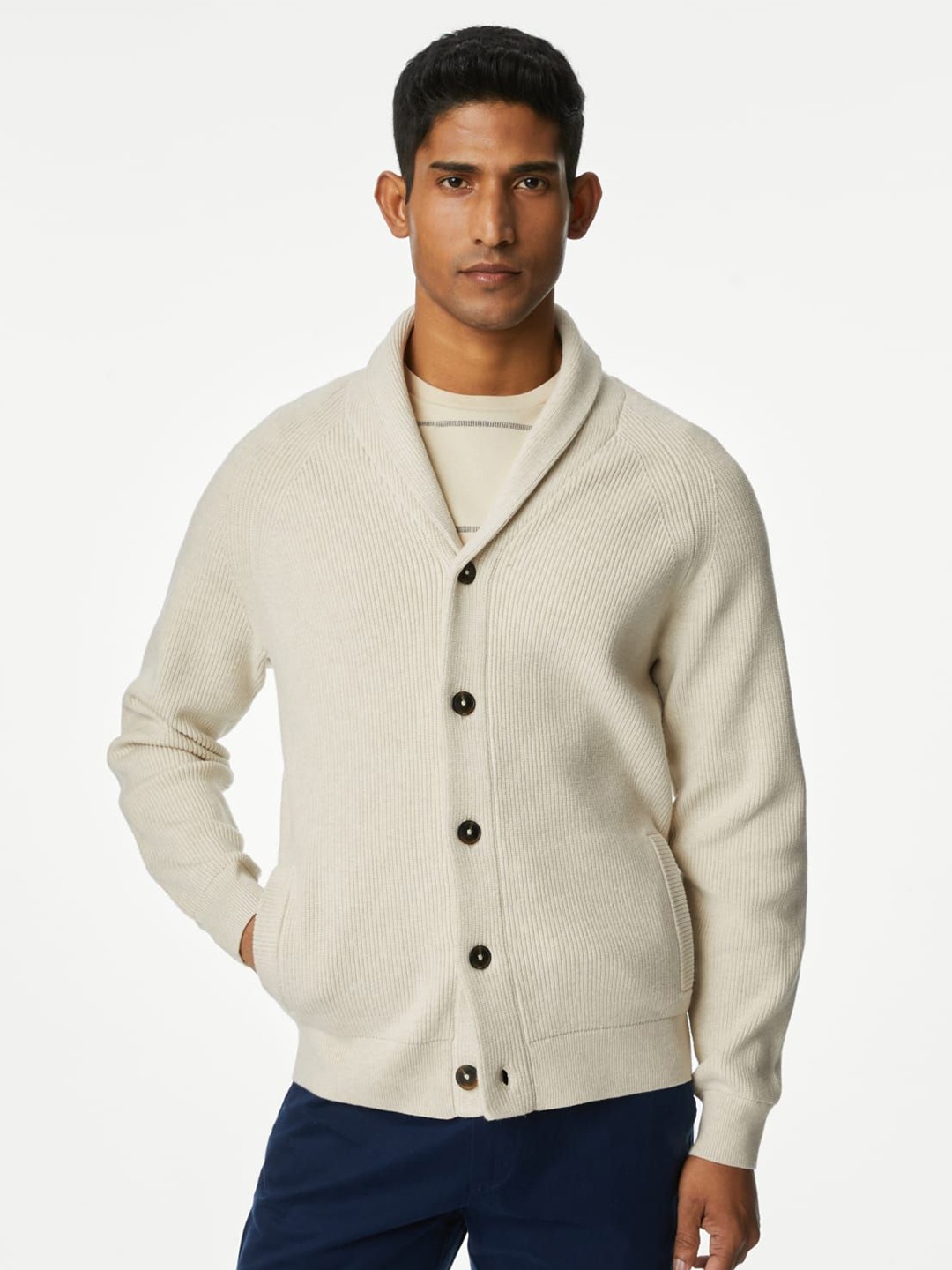 

Marks & Spencer Men Shawl Collar Long Sleeves Cardigan Sweaters, Beige