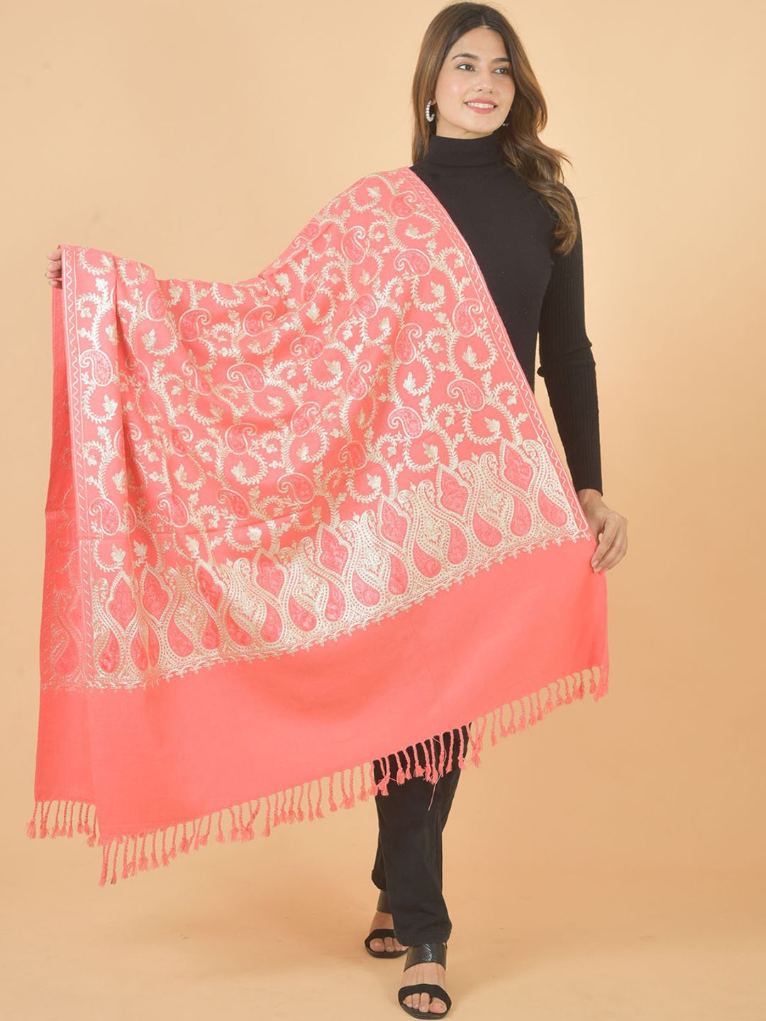 

BAISA Paisley Embroidered Woollen Shawl, Peach