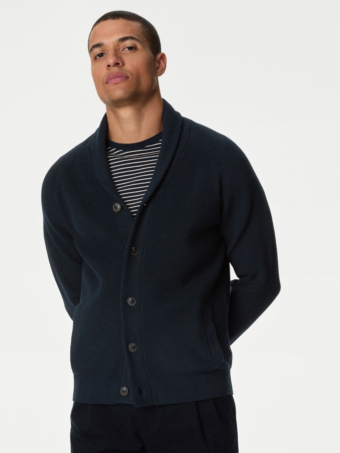 

Marks & Spencer Men Shawl Collar Ribbed Cardigan, Navy blue