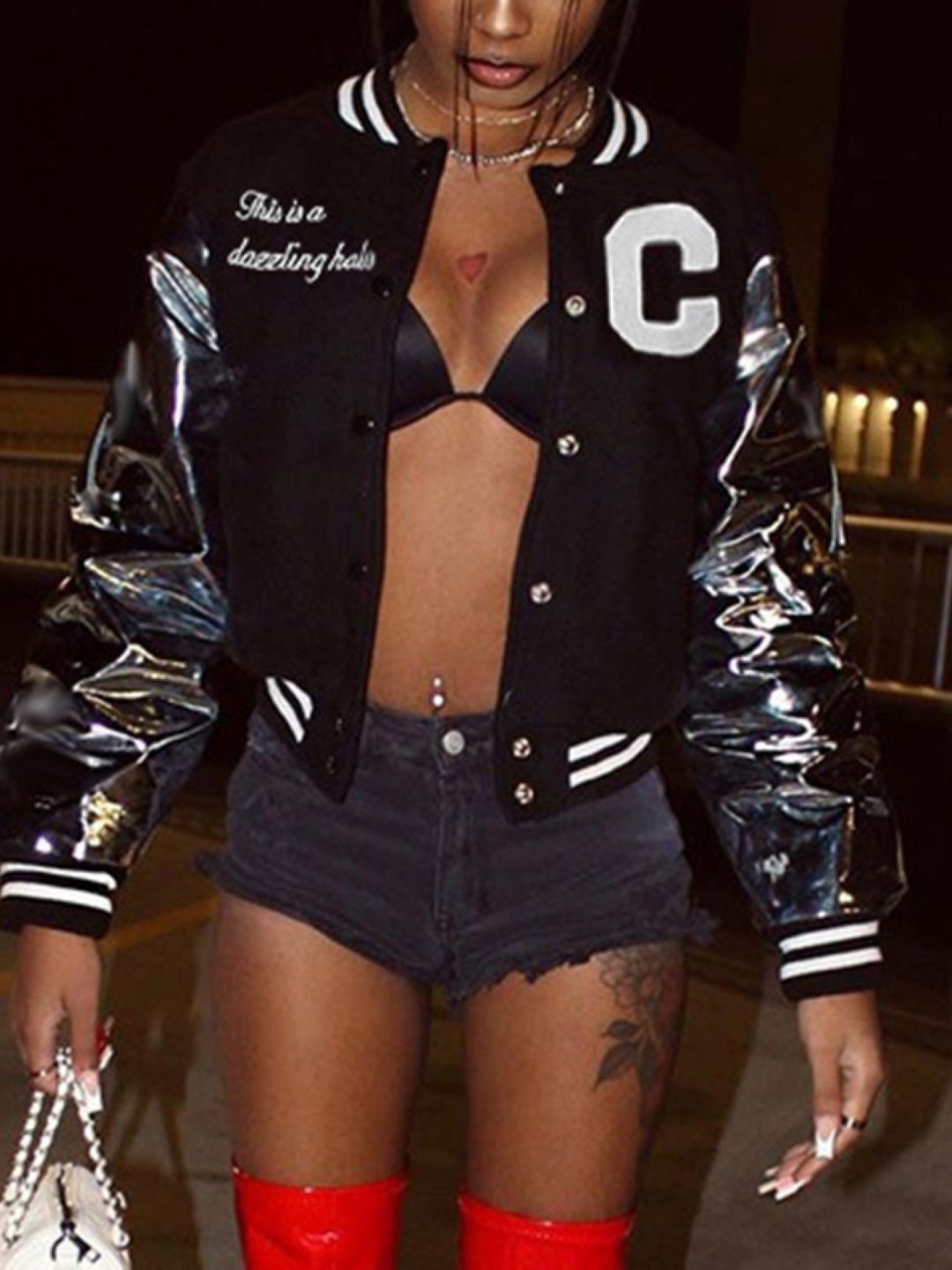 

KPOP Women Typography Crop Open Front Jacket, Black