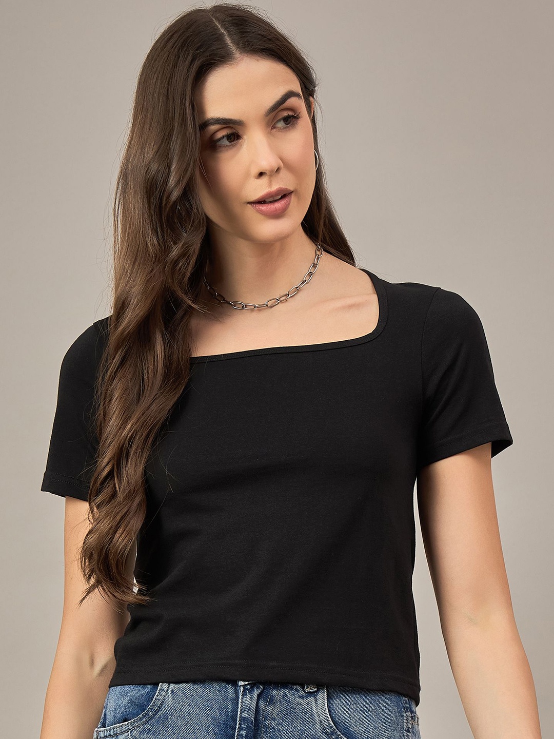 

The Roadster Lifestyle Co Cotton Square Neck Tshirt, Black