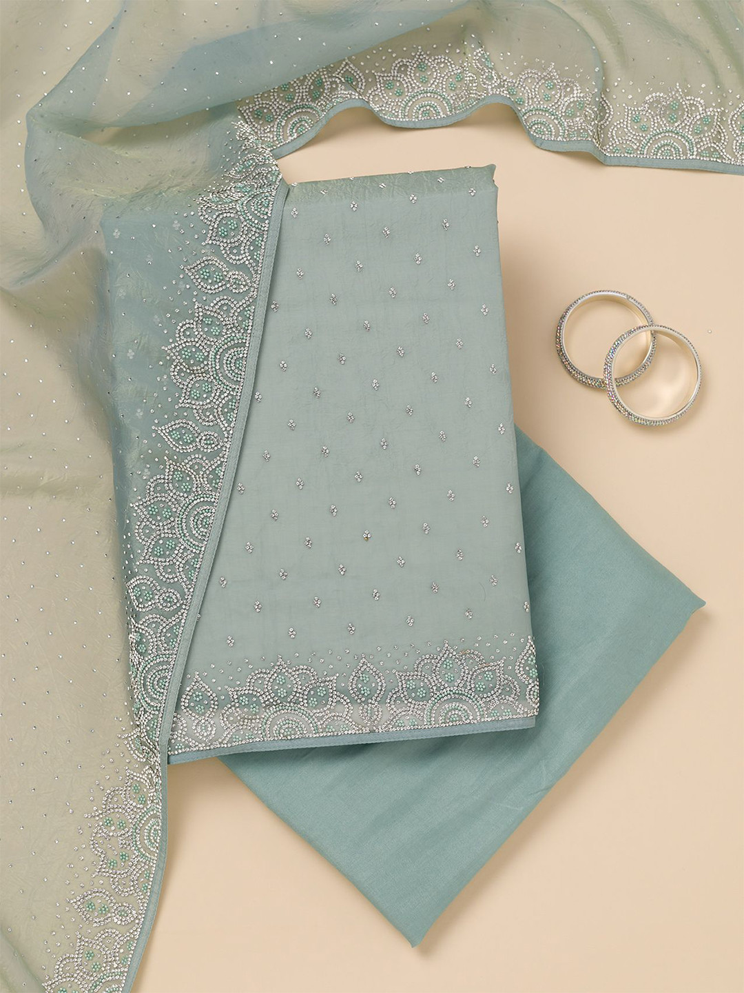 

Koskii Floral Embroidered Beads and Stones Tissue Unstitched Dress Material, Blue