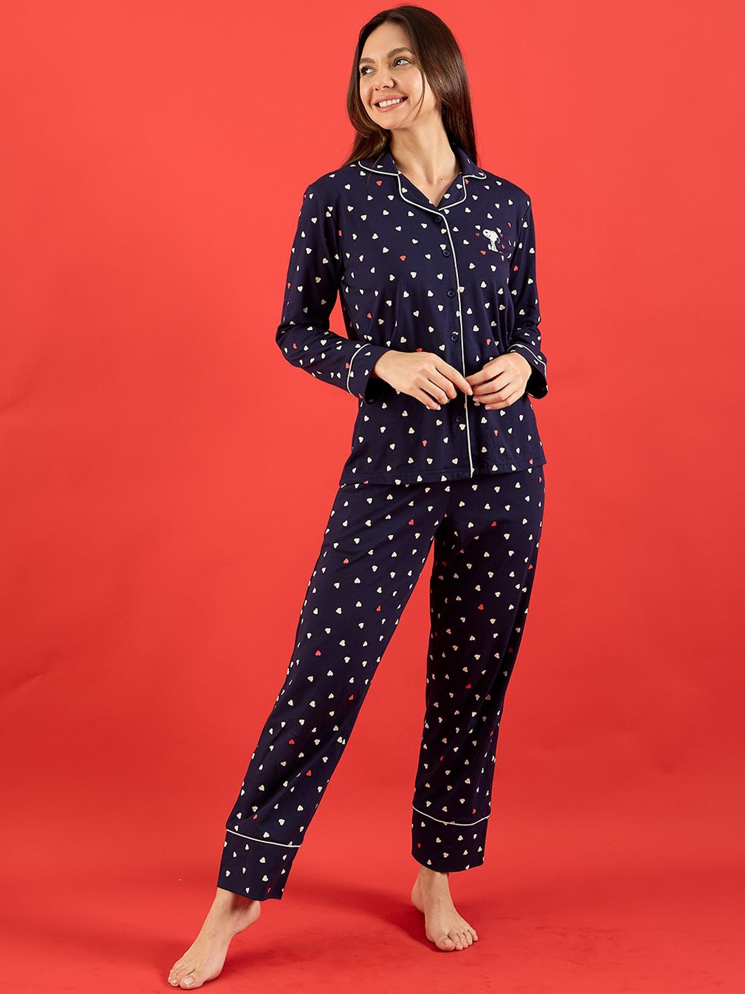

Sweet Dreams Women Geometric Printed Lapel Collar Night suit, Navy blue
