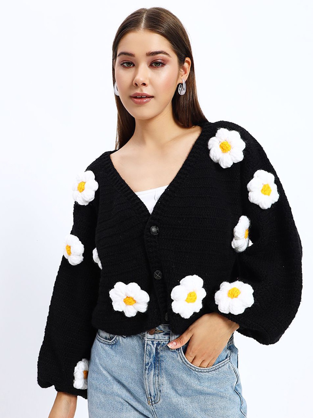 

Sugercandy Women Floral Woollen Crop Cardigan with Embroidered Detail, Black