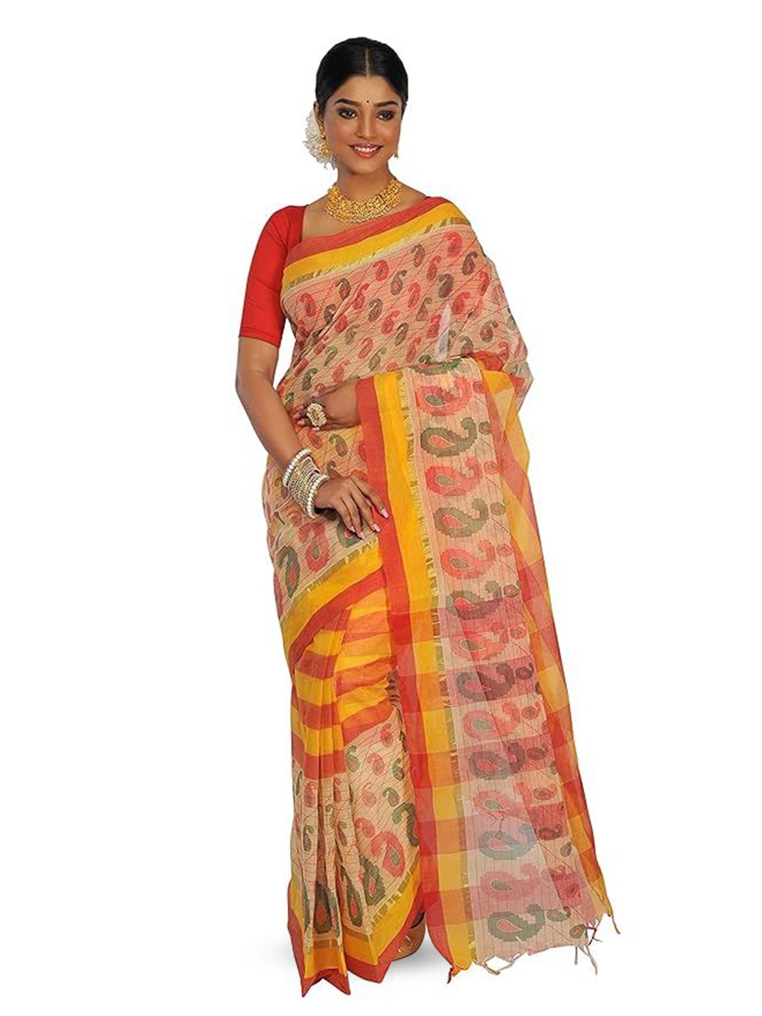 

RAJ SAREE HOUSE Ethnic Motifs Printed Pure Cotton Taant Saree, Red