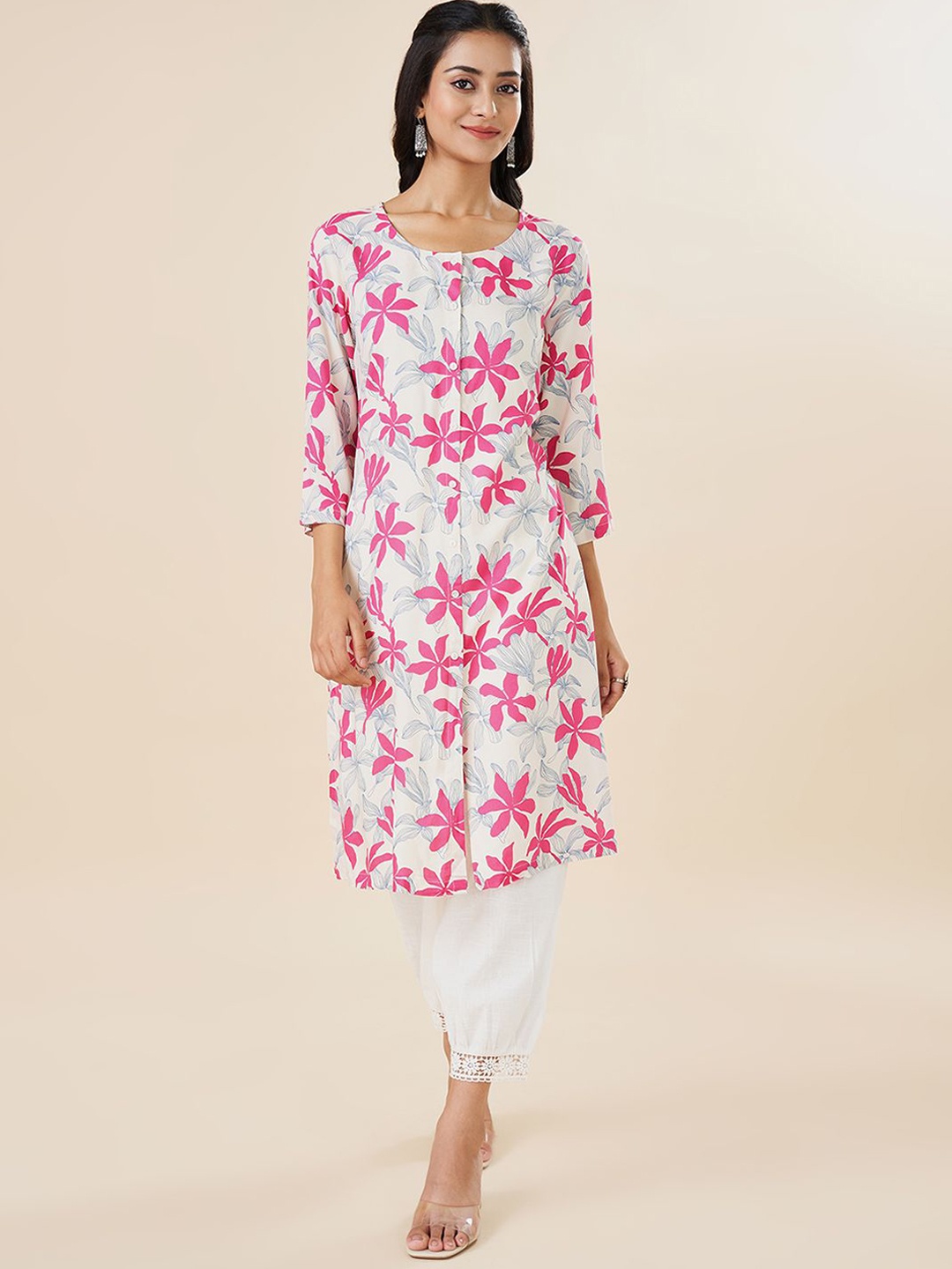 

RANGMANCH BY PANTALOONS Floral Printed Round Neck A-Line Kurta, Pink