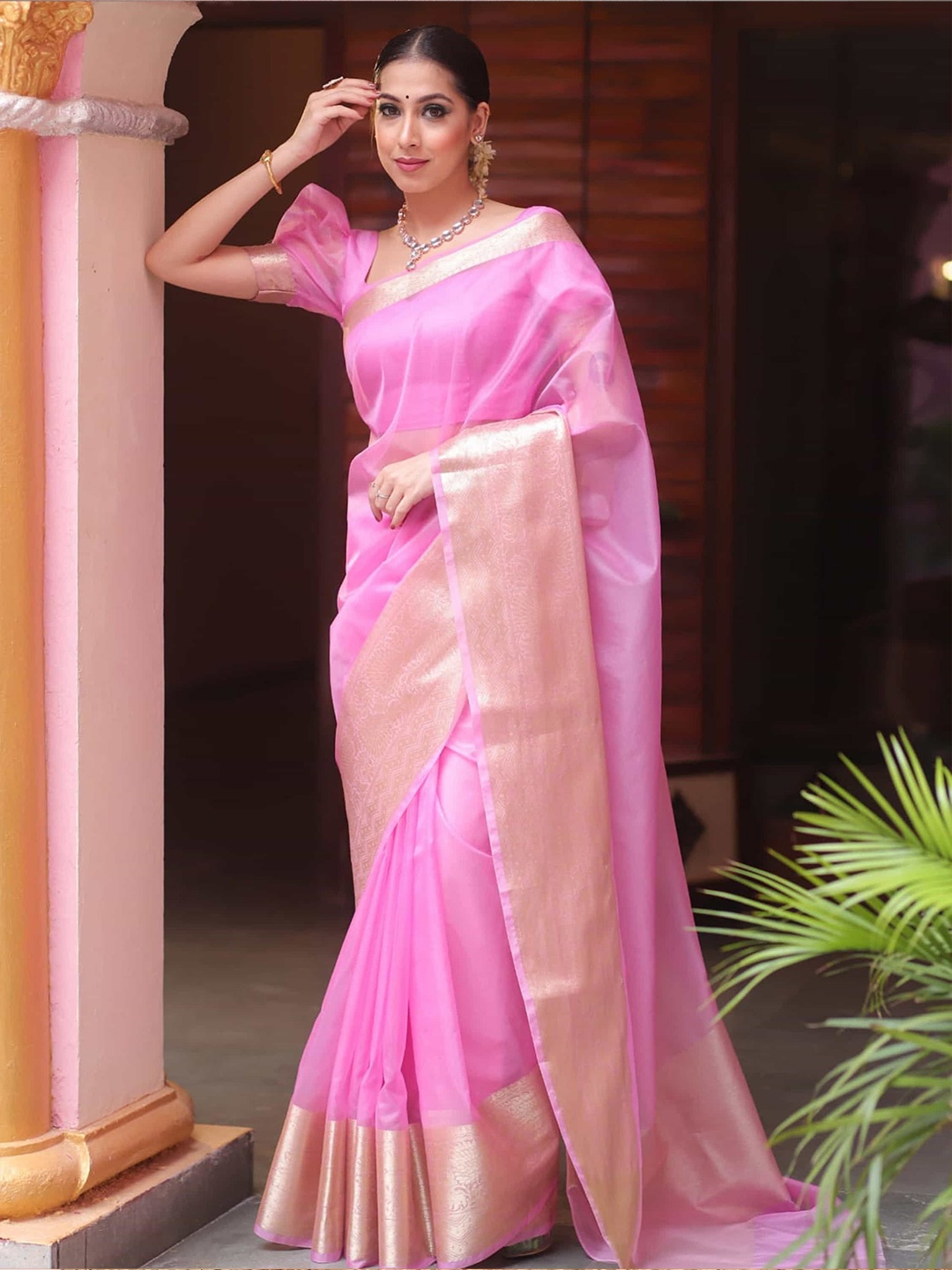 

V3 FASHION STUDIO Zari Organza Kanjeevaram Saree, Pink