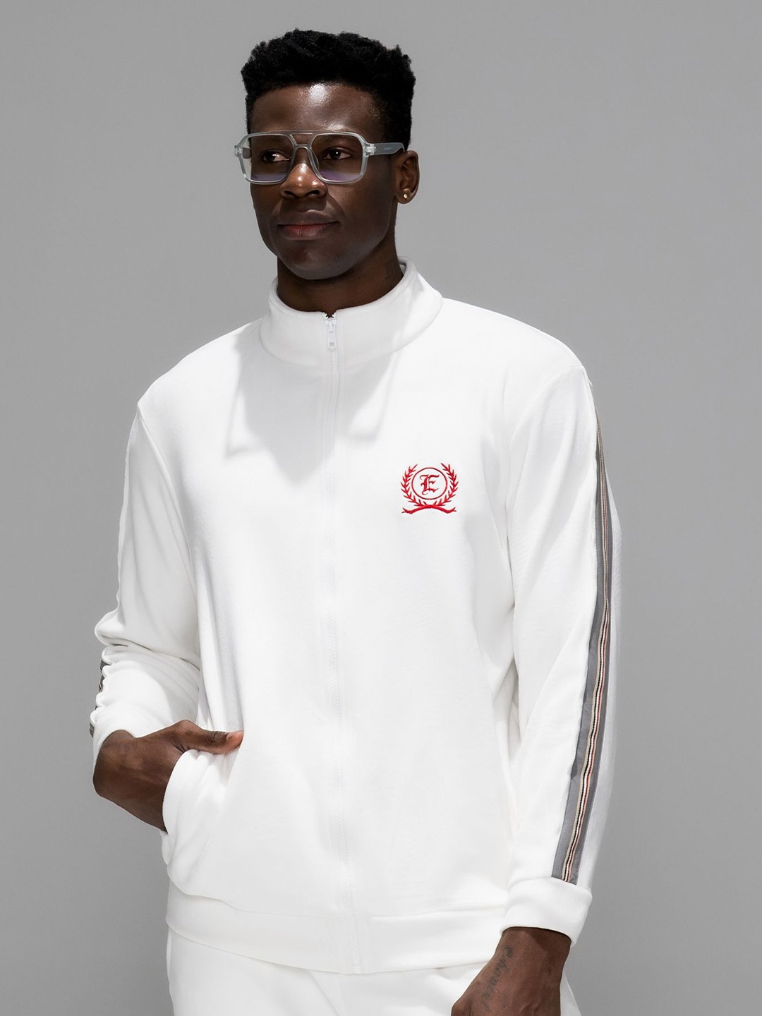 

EDRIO Men Mock Collar Long Sleeves Front-Open Sweatshirt, White