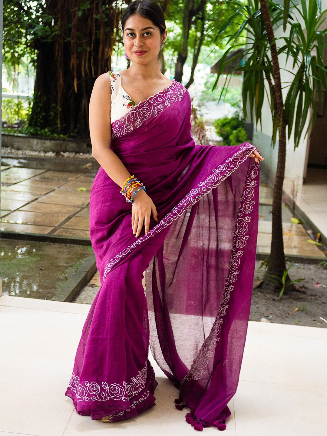 

Uttariya Embroidered Pure Cotton Saree, Purple