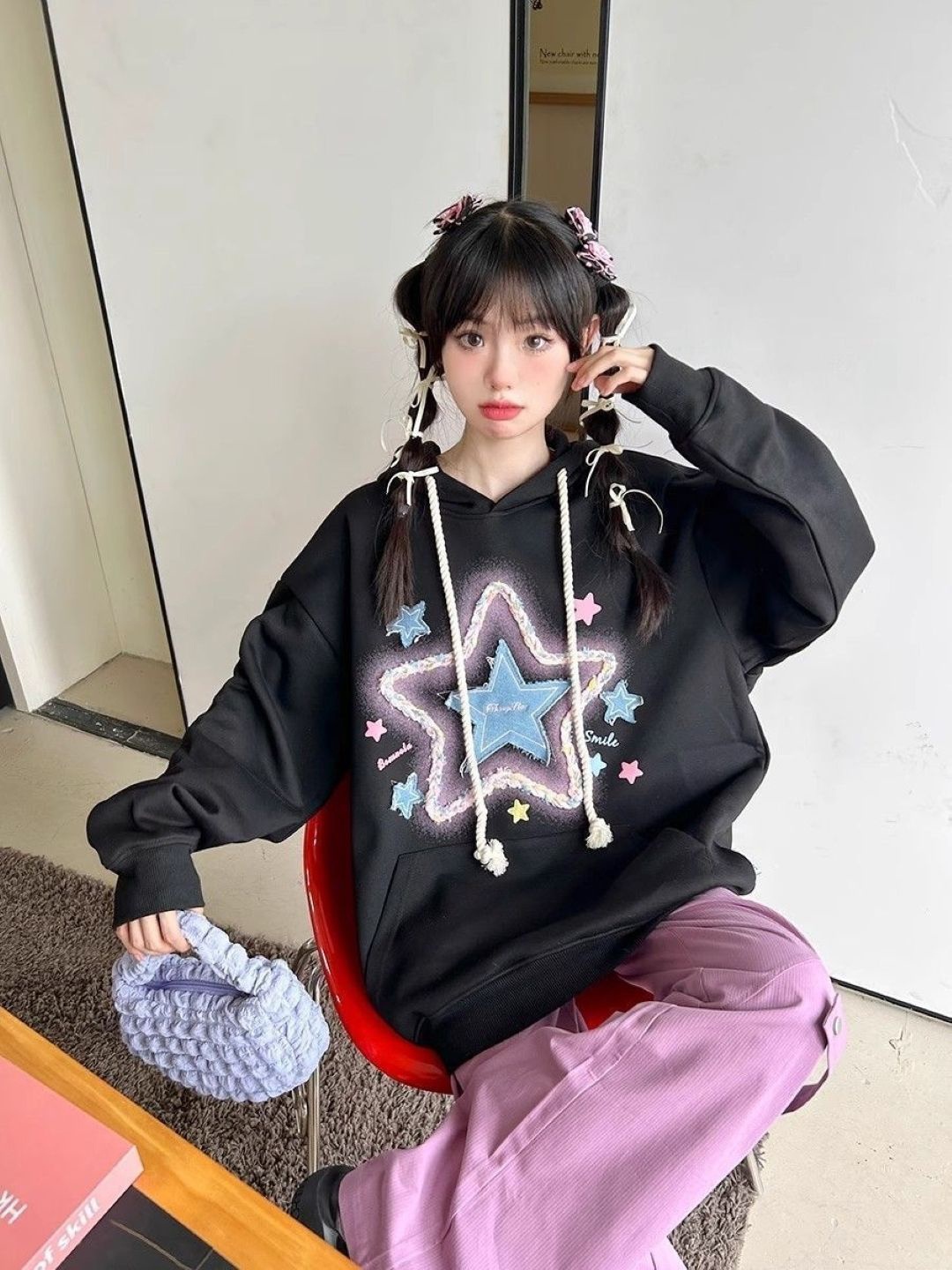 

KPOP Women Printed Hooded Long Sleeves Sweatshirt, Black