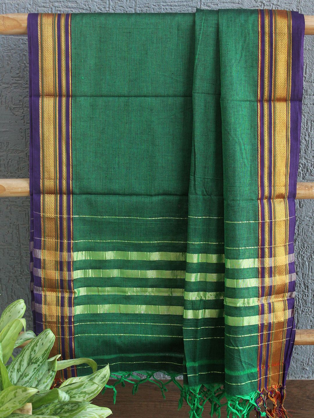 

Weaves of Tradition Striped Woven Design Zari Pure Cotton Unstitched Dress Material, Green