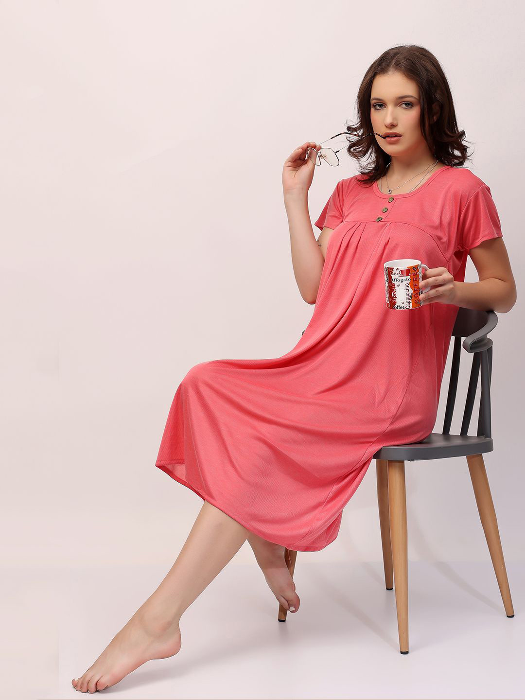 

NIGHT KEYS Women Round Neck Nightdress, Pink