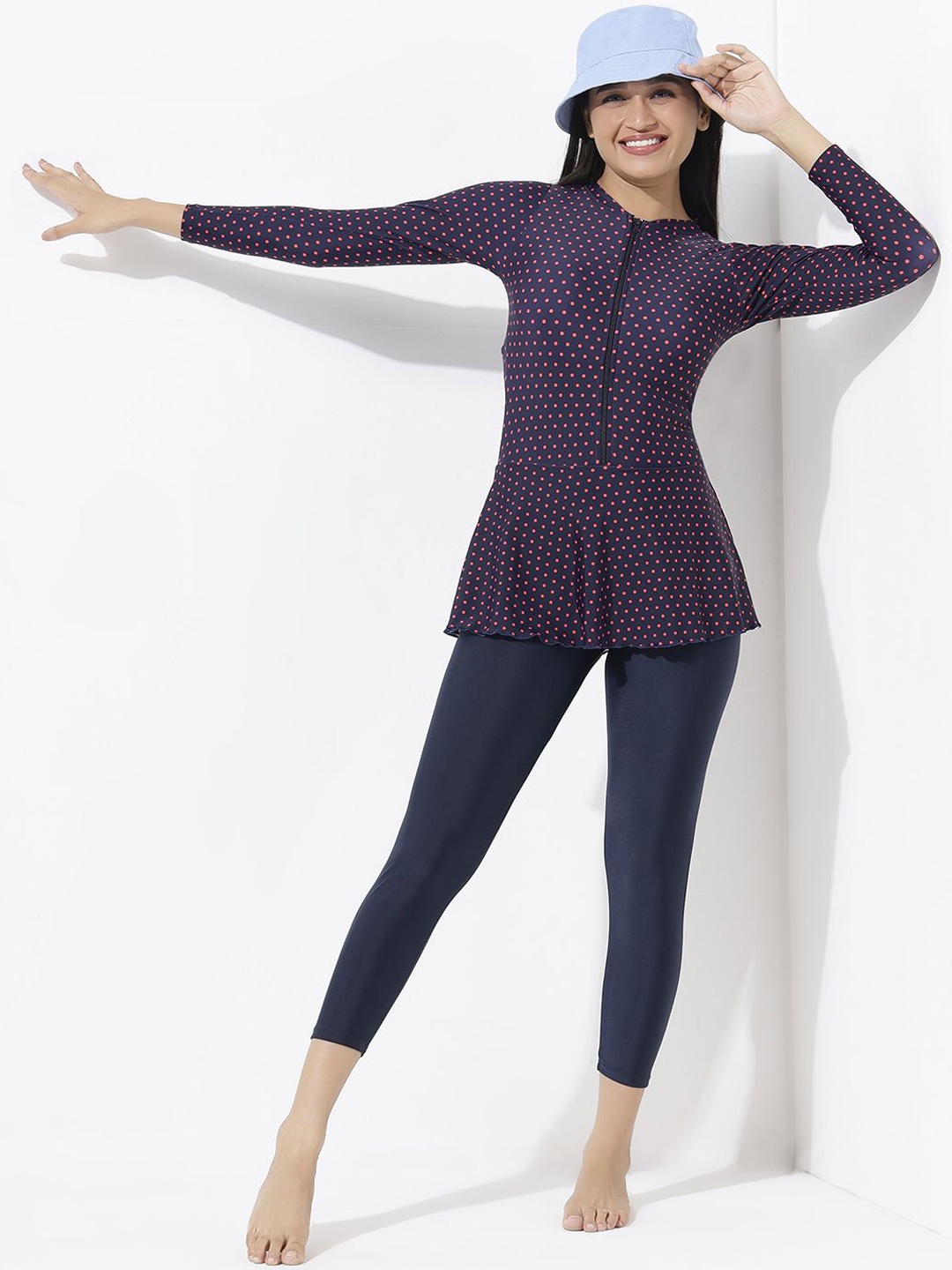 

LYCOT Women Printed Long Sleeves Swimming Dress With Attached Tights, Navy blue