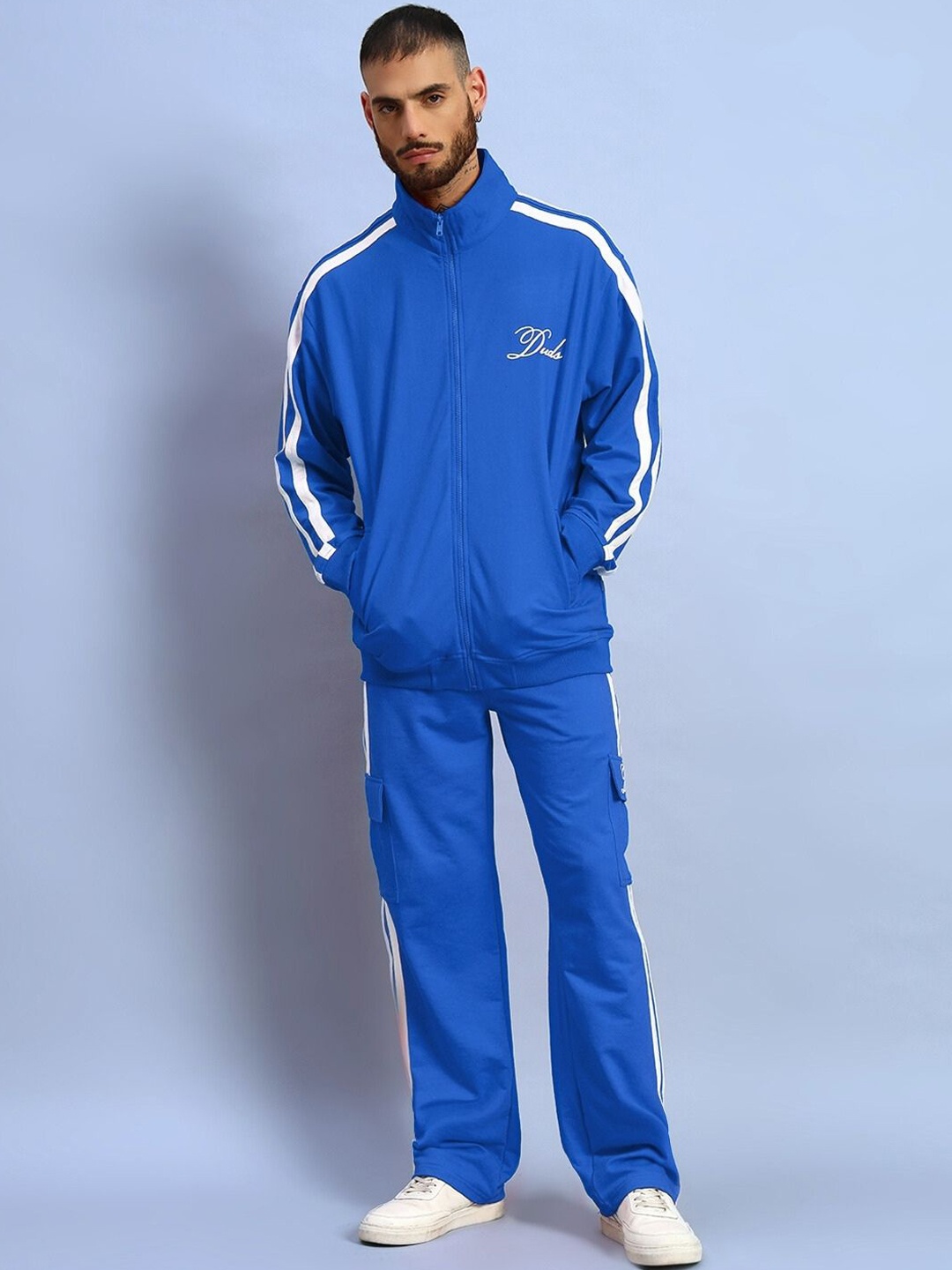 

WEARDUDS Striped Mock Collar Long Sleeves Sweatshirt With Trouser, Blue