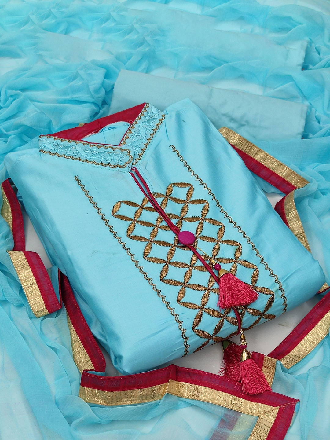 

Maroosh Geometric Embroidered Zari Unstitched Dress Material, Turquoise blue