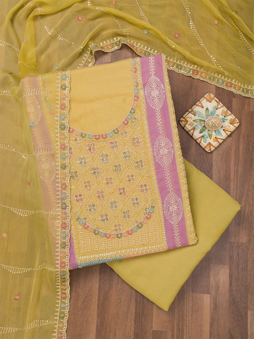 

Koskii Floral Embroidered Sequinned Unstitched Dress Material, Yellow