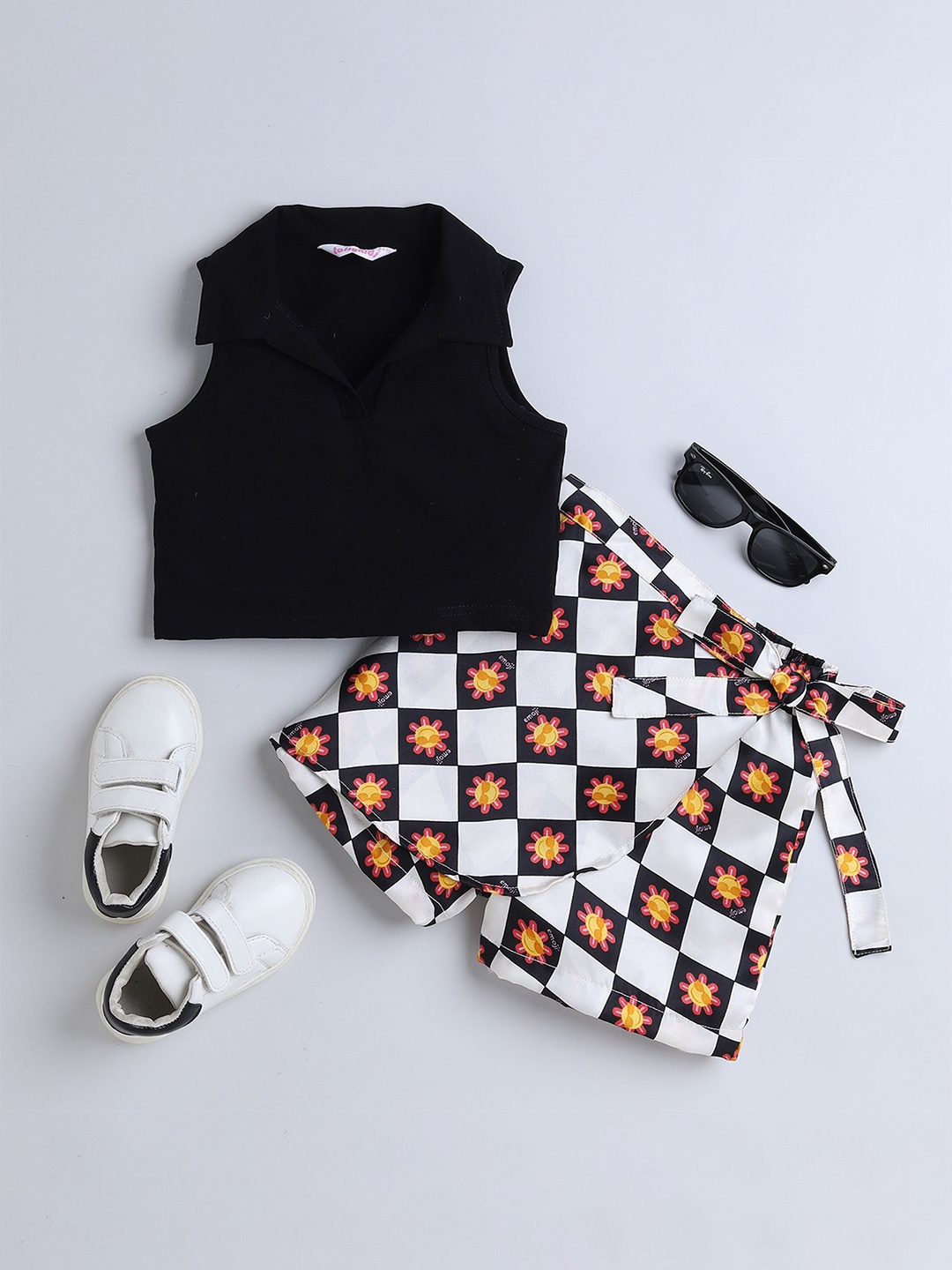 

taffykids Girls Polo Collar Crop Top With Skirt, Black