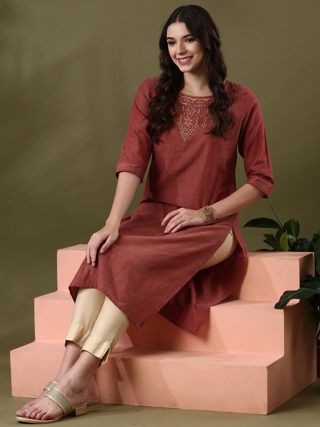 

Anouk Maroon Ethnic Motifs Embroidered Pure Cotton Straight Kurta