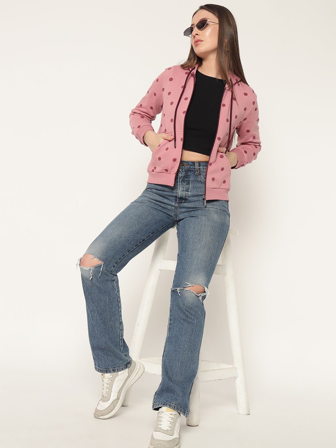 

LE BOURGEOIS Women Polka Dots Printed Cotton Hooded Sweatshirt, Pink