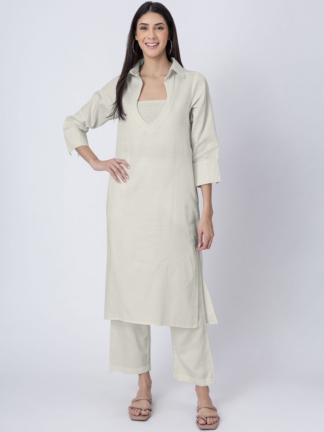 

Moomaya Shirt Collar Pure Cotton Kurta with Trouser and Tube Top, Off white