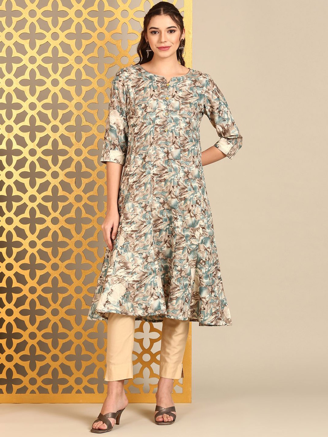 

Anouk Beige Floral Printed Notch Neck A-Line Kurta