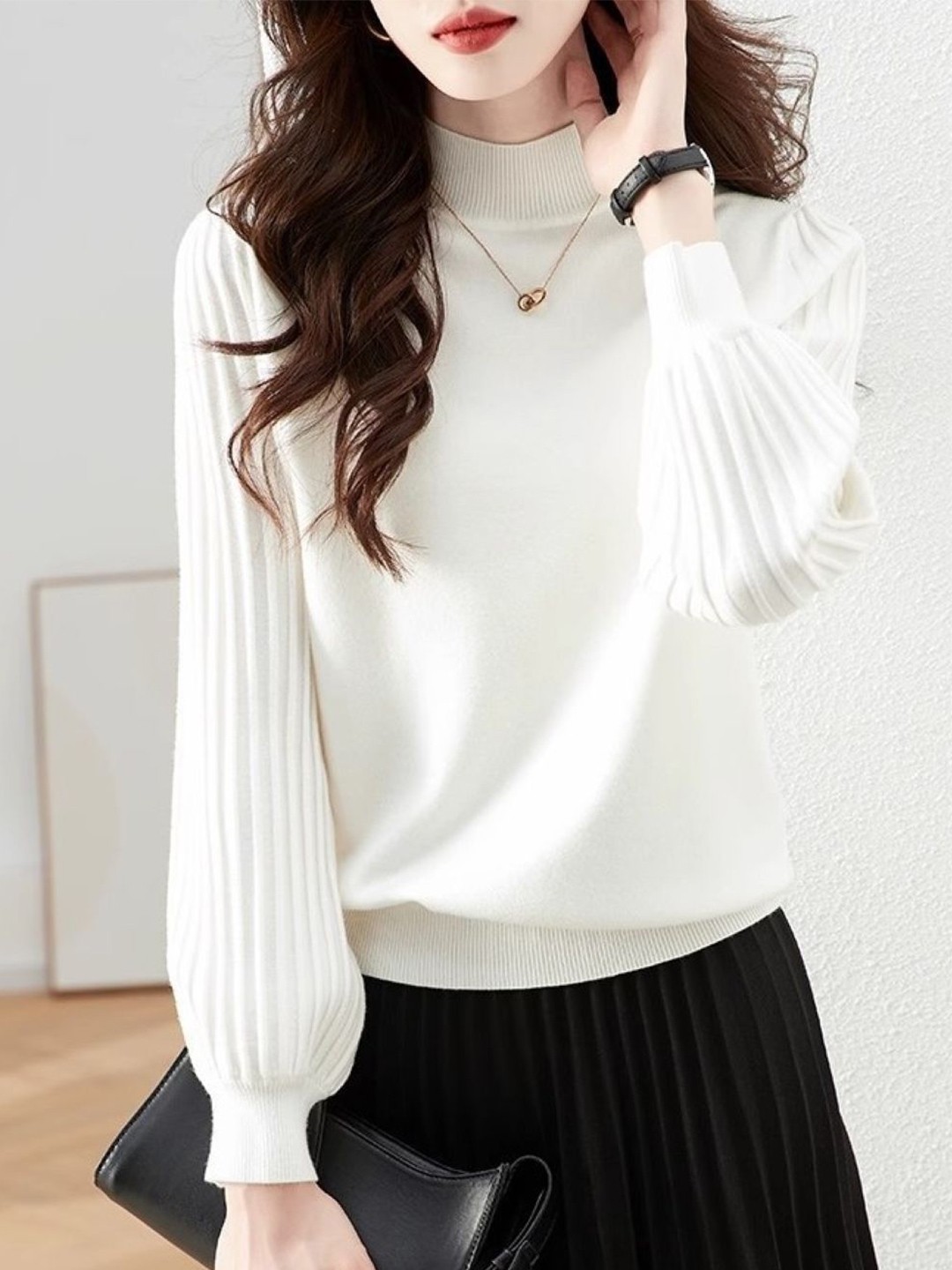 

KPOP Women Turtle Neck Pullover Sweater, White