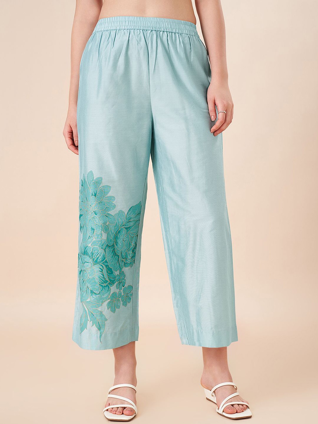 

RANGMANCH BY PANTALOONS Women Floral Straight Fit Trousers, Blue