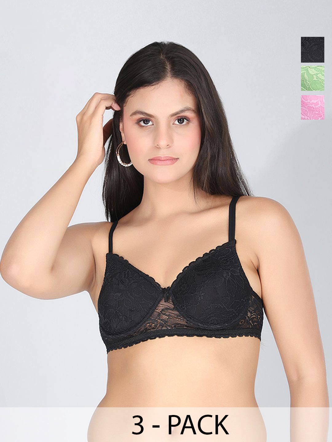 

StyFun Pack Of 3 Cotton Floral Full Coverage Underwired Lightly Padded, Black