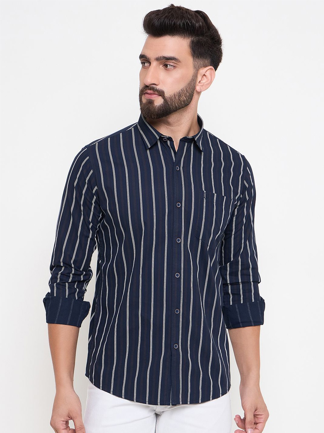 

Duke Men Slim Fit Opaque Striped Casual Shirt, Blue