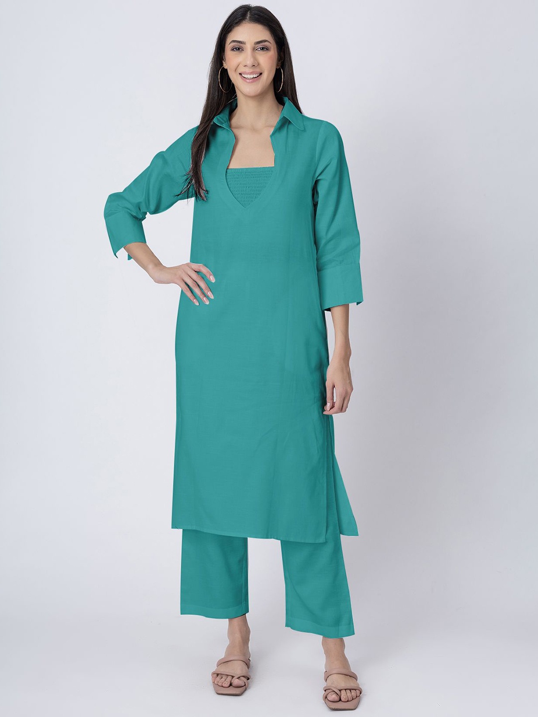 

Moomaya Shirt Collar Pure Cotton Kurta with Trouser and Tube Top, Turquoise blue