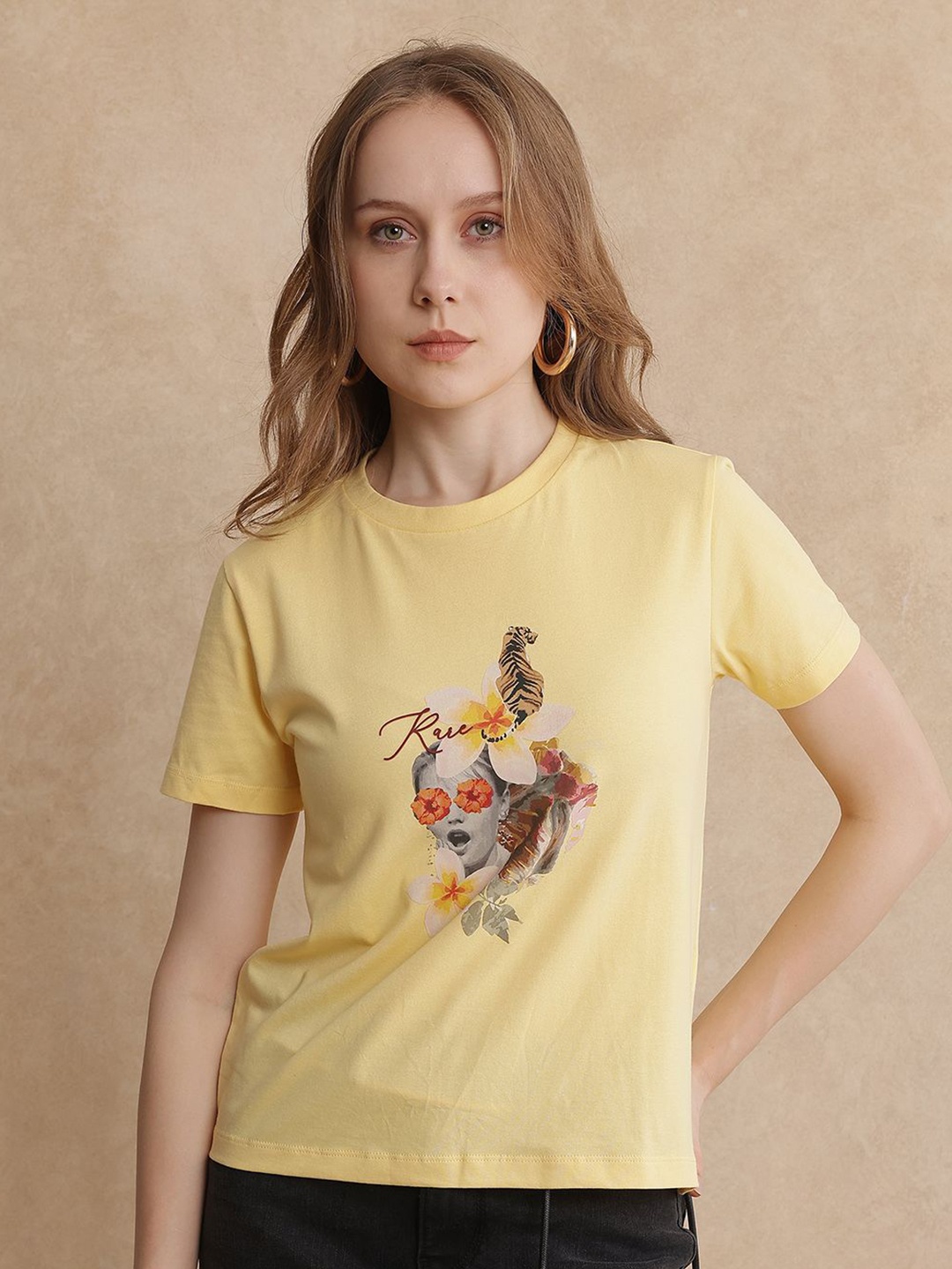 

RAREISM Women Printed Raw Edge T-shirt, Yellow