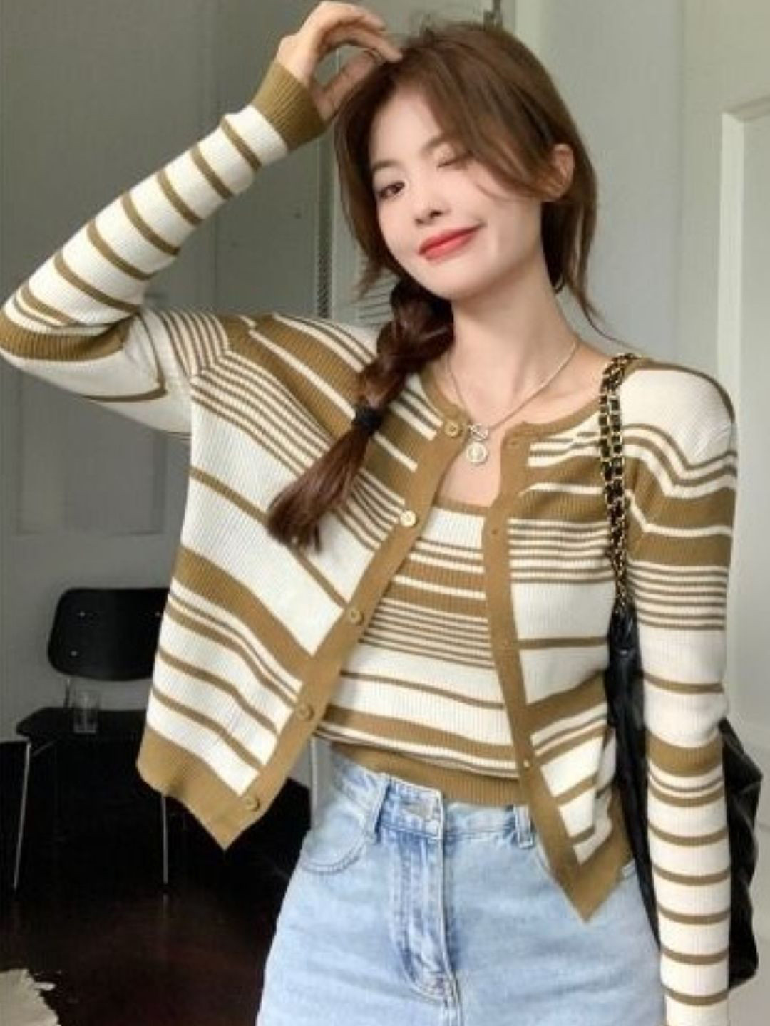 

HERE&NOW Striped Mandarin Collar Tops, Brown