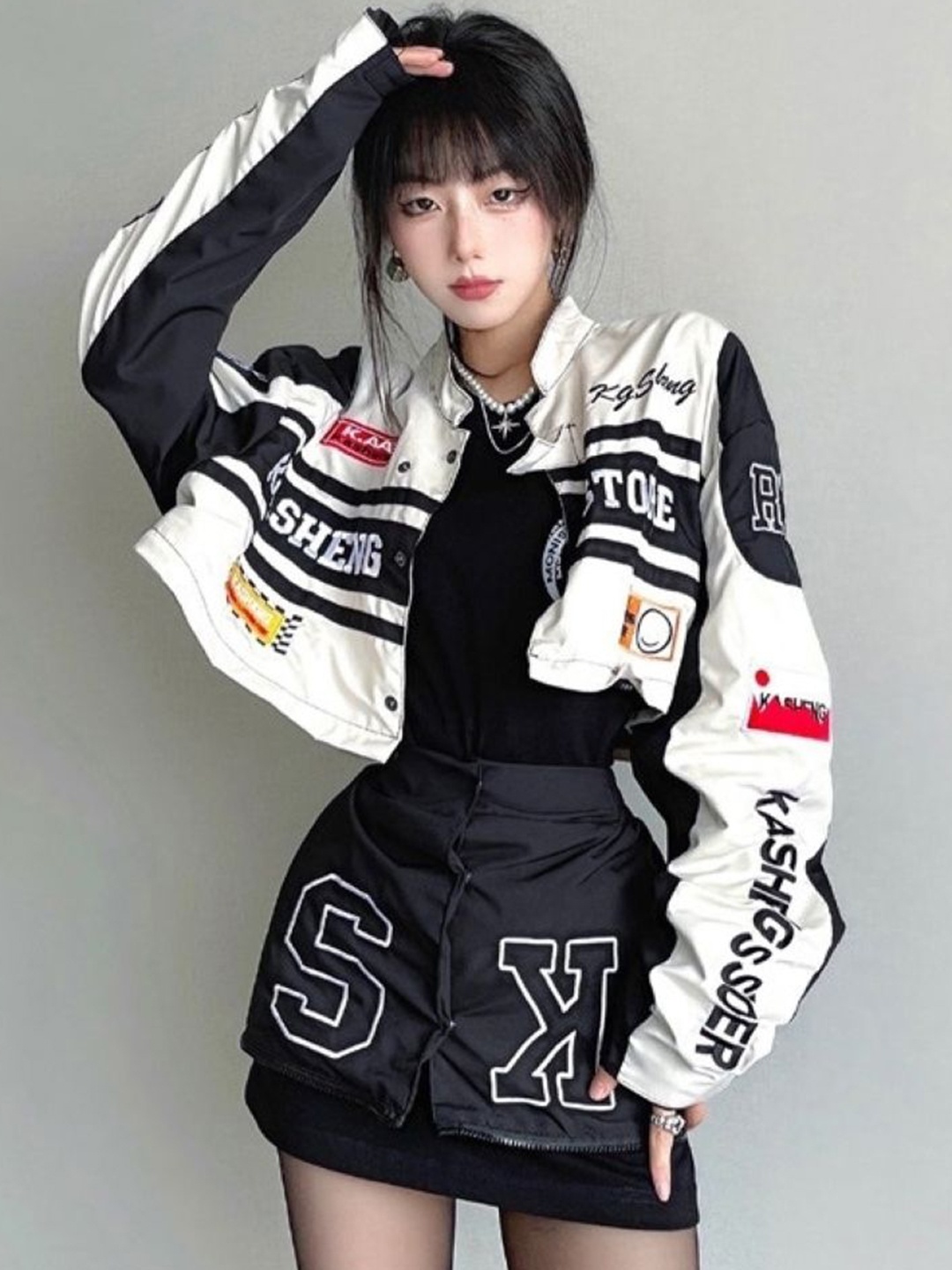 

KPOP Women Typography Open Front Jacket, White