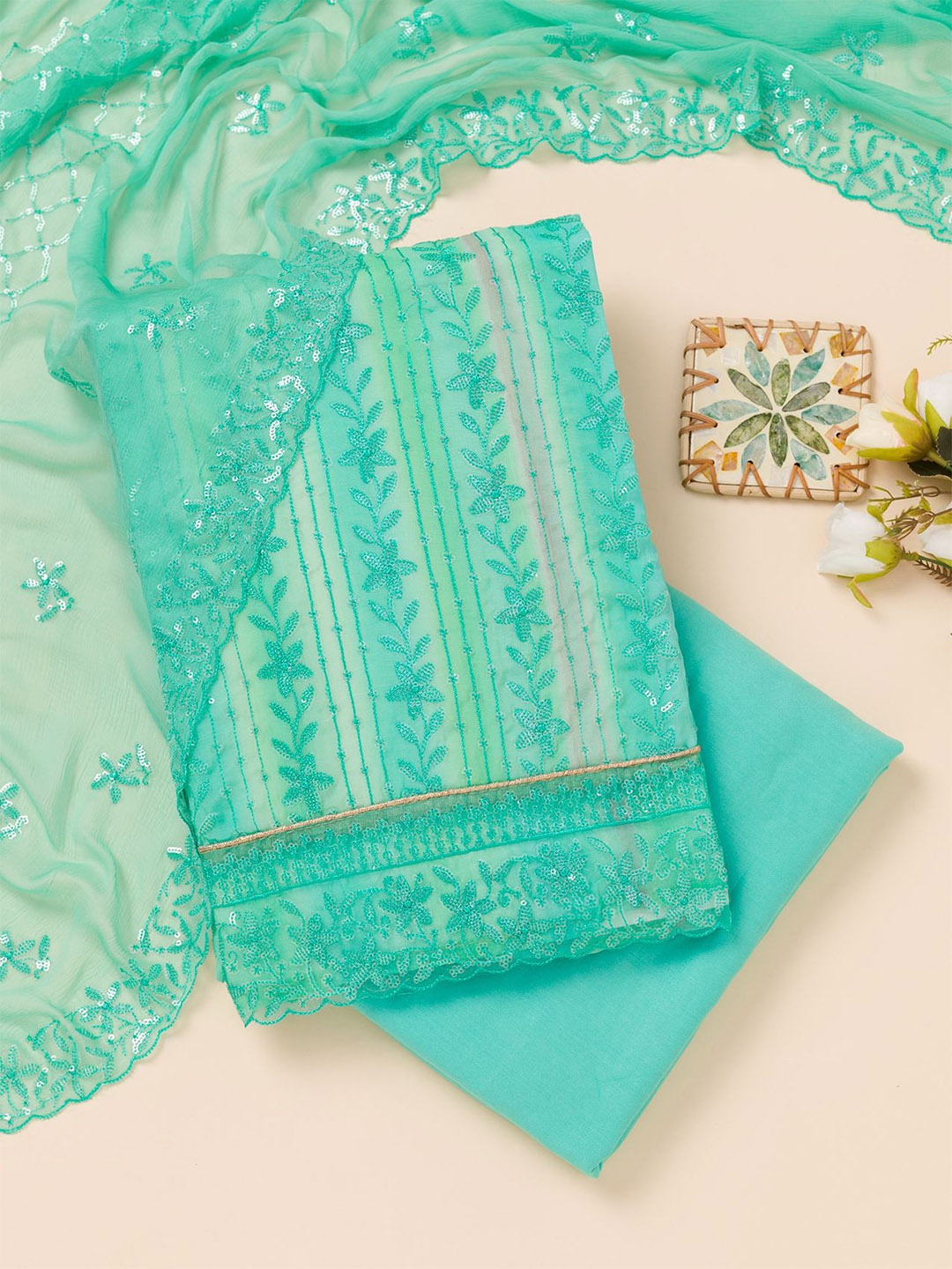 

Koskii Floral Embroidered Sequinned Unstitched Dress Material, Sea green