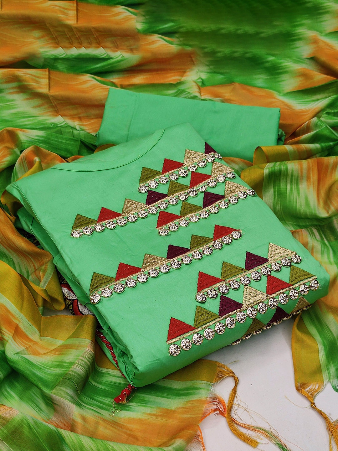 

Maroosh Geometric Embroidered Unstitched Dress Material, Green