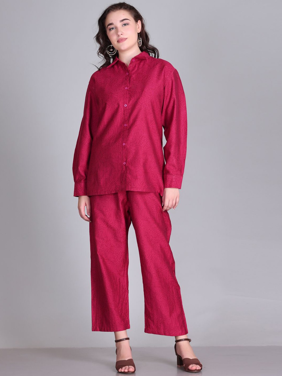 

KIDAR Shirt Collar Self Design Shirt With Trousers, Pink