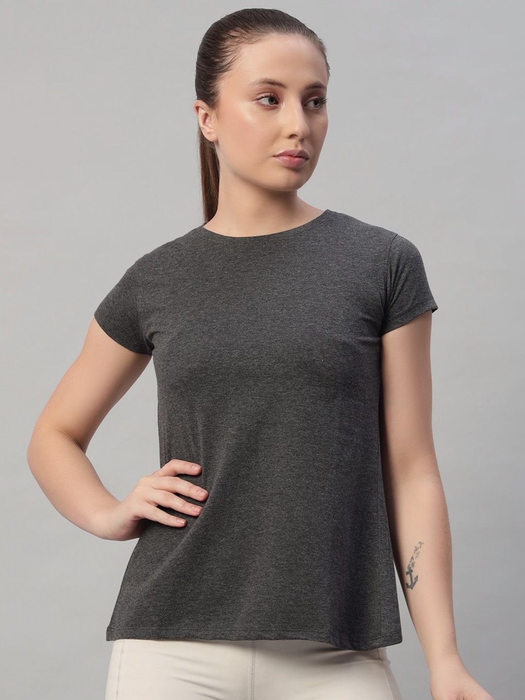 

Ap'pulse Women Back Open Sports Tshirt, Charcoal