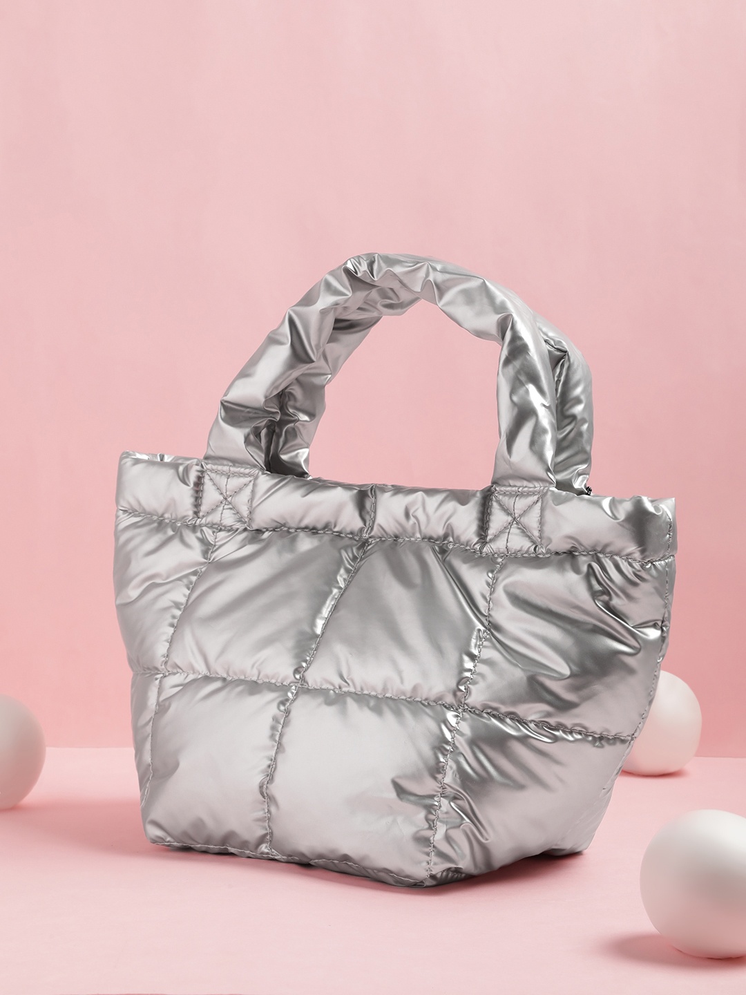 

FCUK Structured Handheld Bag with Quilted Detail, Silver
