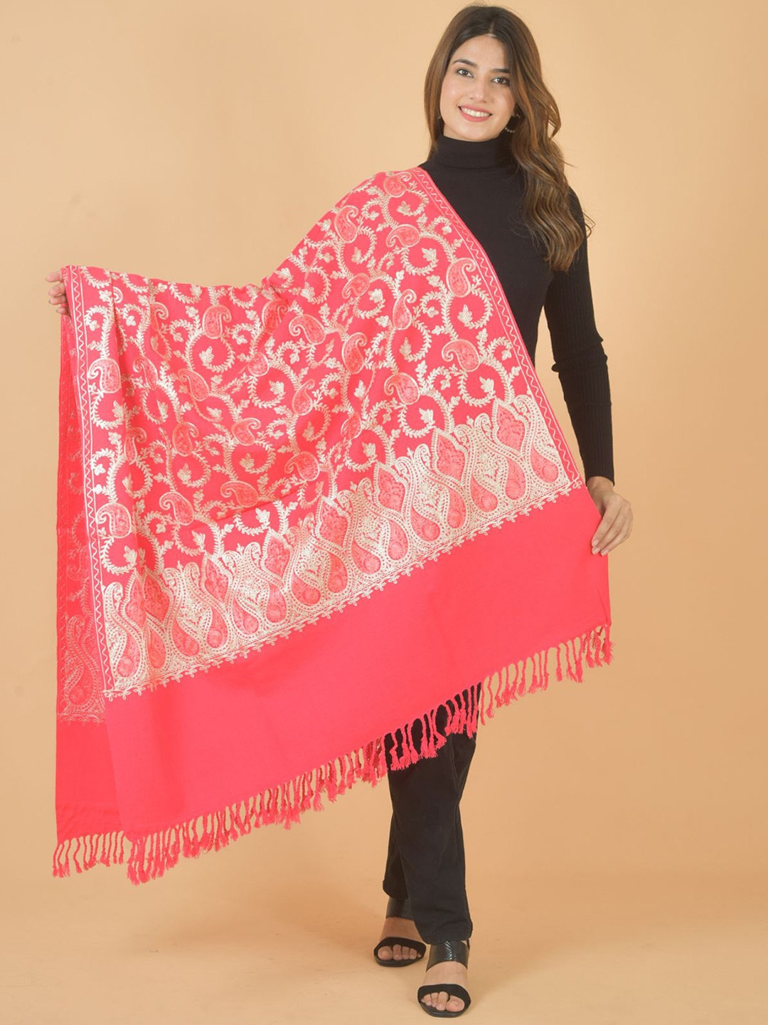 

BAISA Paisley Embroidered Woollen Shawl, Pink