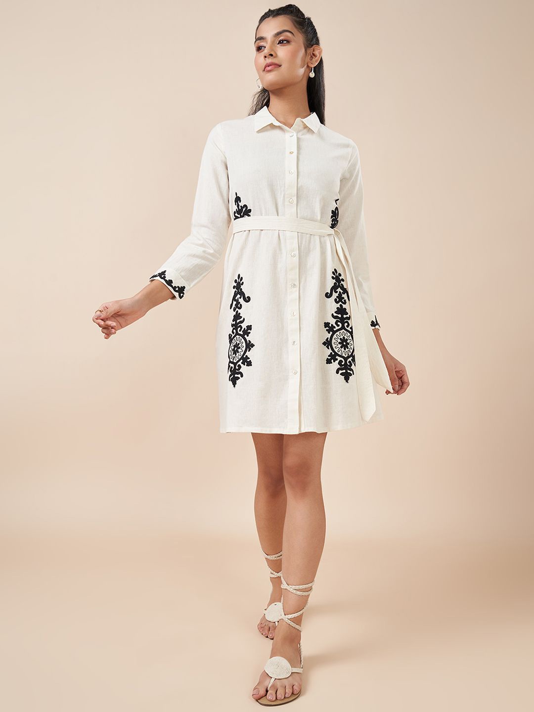 

AKKRITI BY PANTALOONS Women Floral Print Cotton Shirt Collar Fit & Flare Dress, White